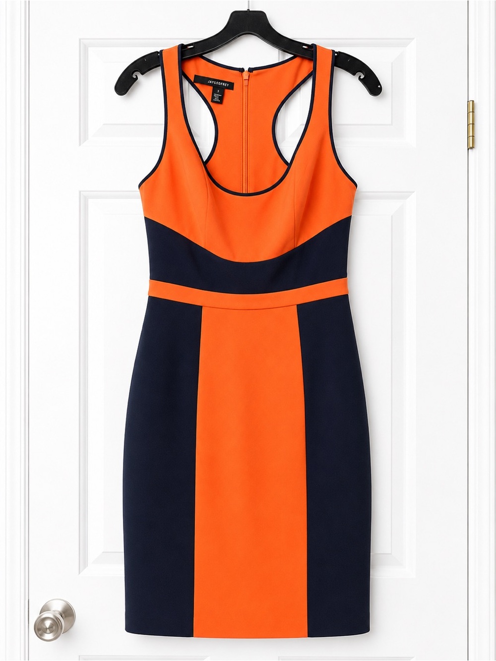 JAYGODFREY Orange and Navy Colorblock Midi Sheath Dress, racer back
